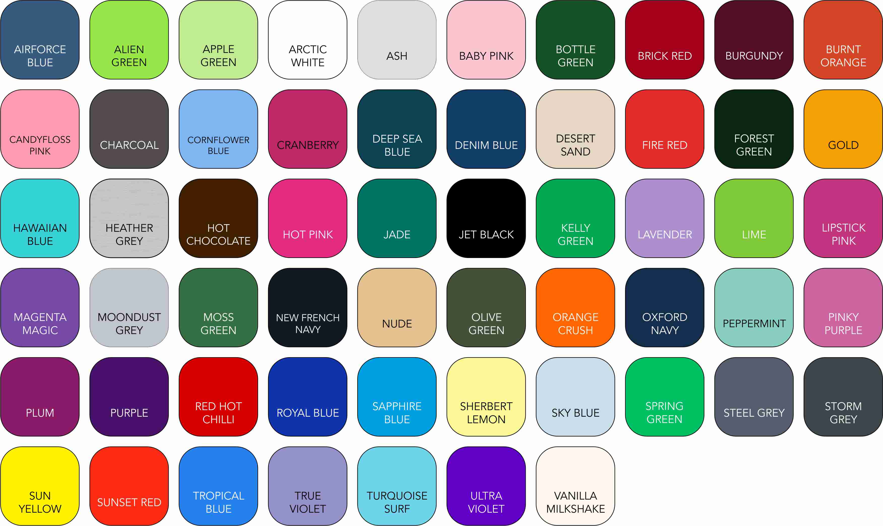 Hoodie Colour Chart