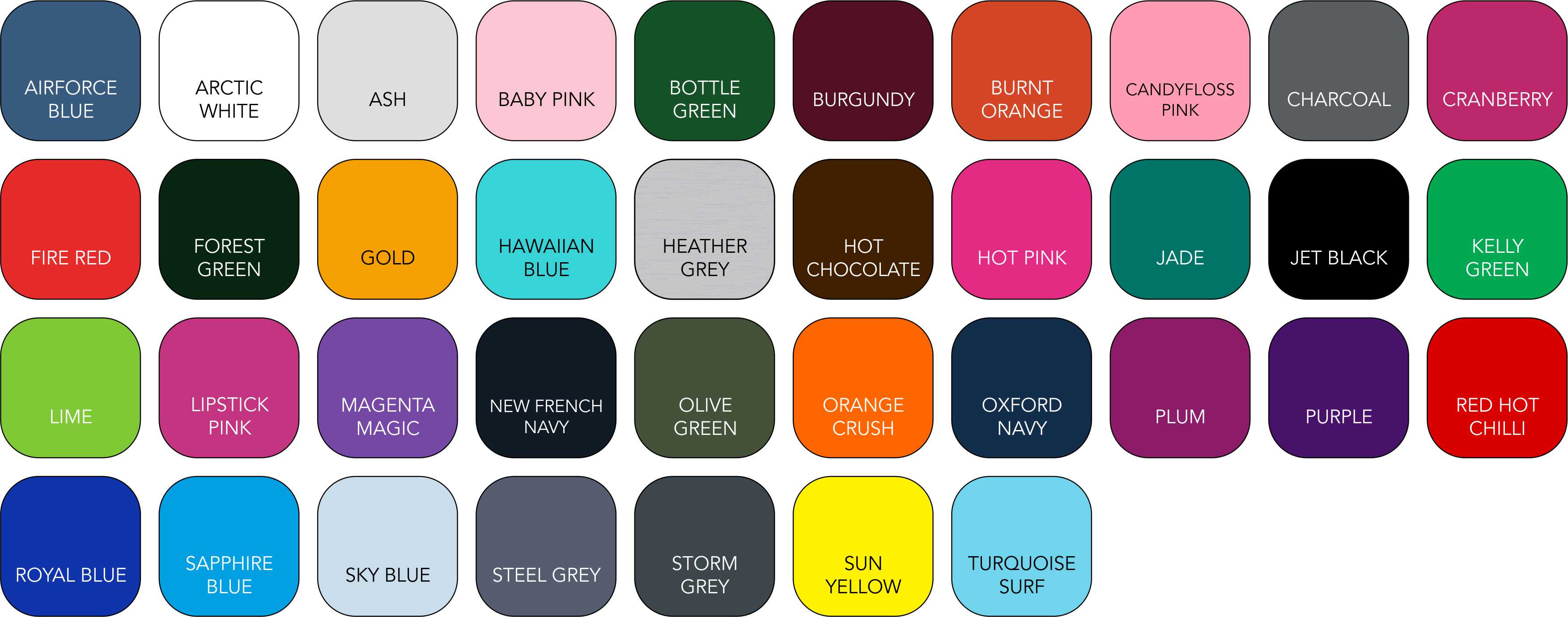 Hoodie Colour Chart